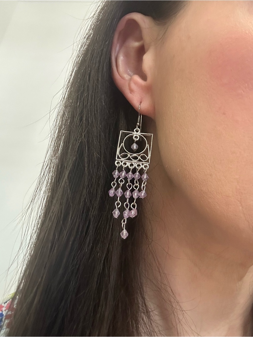 Silver-Tone Purple Beaded Chandelier Earrings - Women's Jewelry